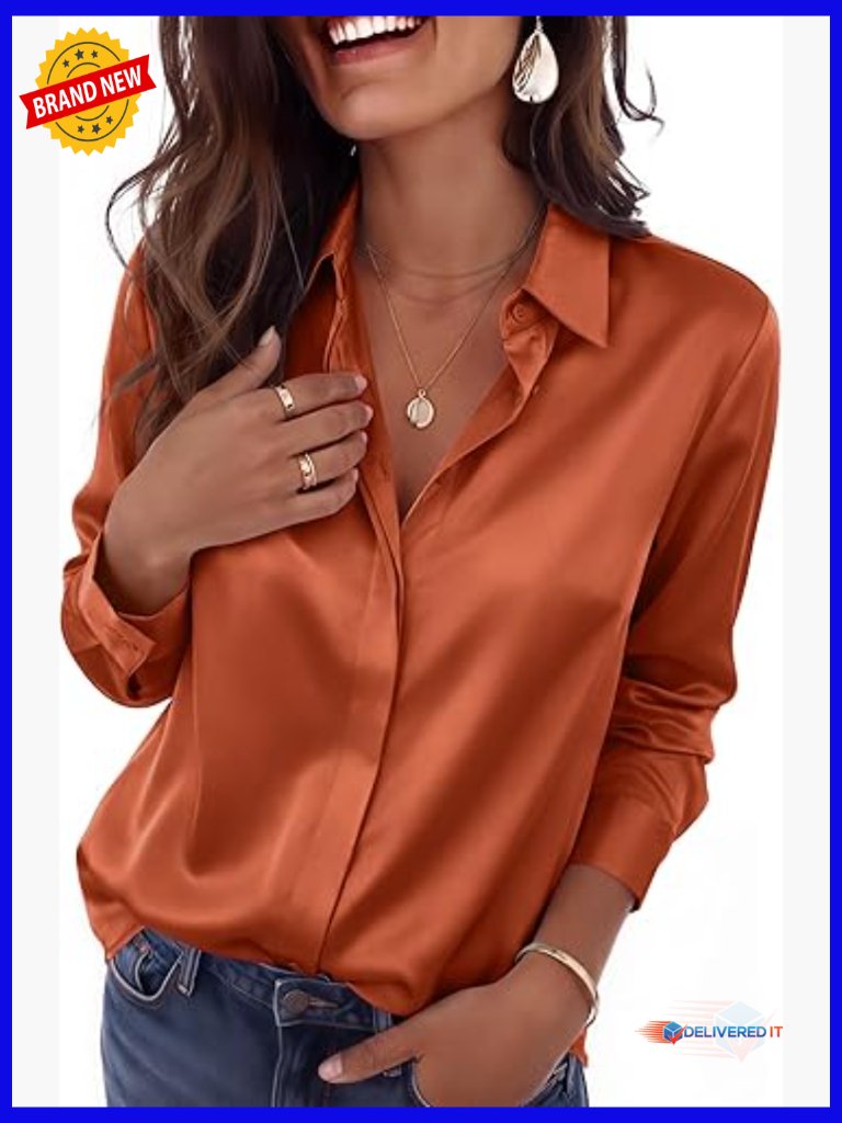 Silky Blouse Long Sleeve Button Down Tunic Top Work Office